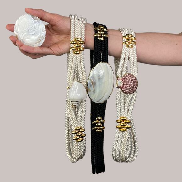 Vintage seashell shell buckle stretch rope belt three belts gold interchangeable - Picture 1 of 11